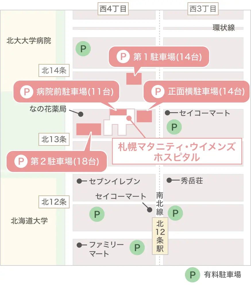 駐車場は３箇所あります（１４台、１１台、１８台）、他にも有料駐車場が近辺にた多数あります